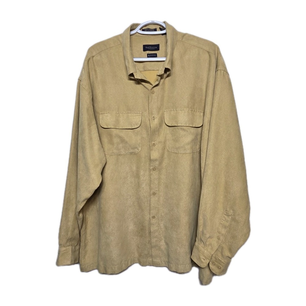 Van Heusen‎ Mens Soft Suede Button Up Shirt Long Sleeve Tan Sz XL 17-17.5